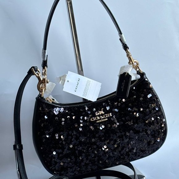 COACH CO951 Teri Shoulder Bag In Sequins And Smooth Leather Gold/Black - Picture 13 of 15